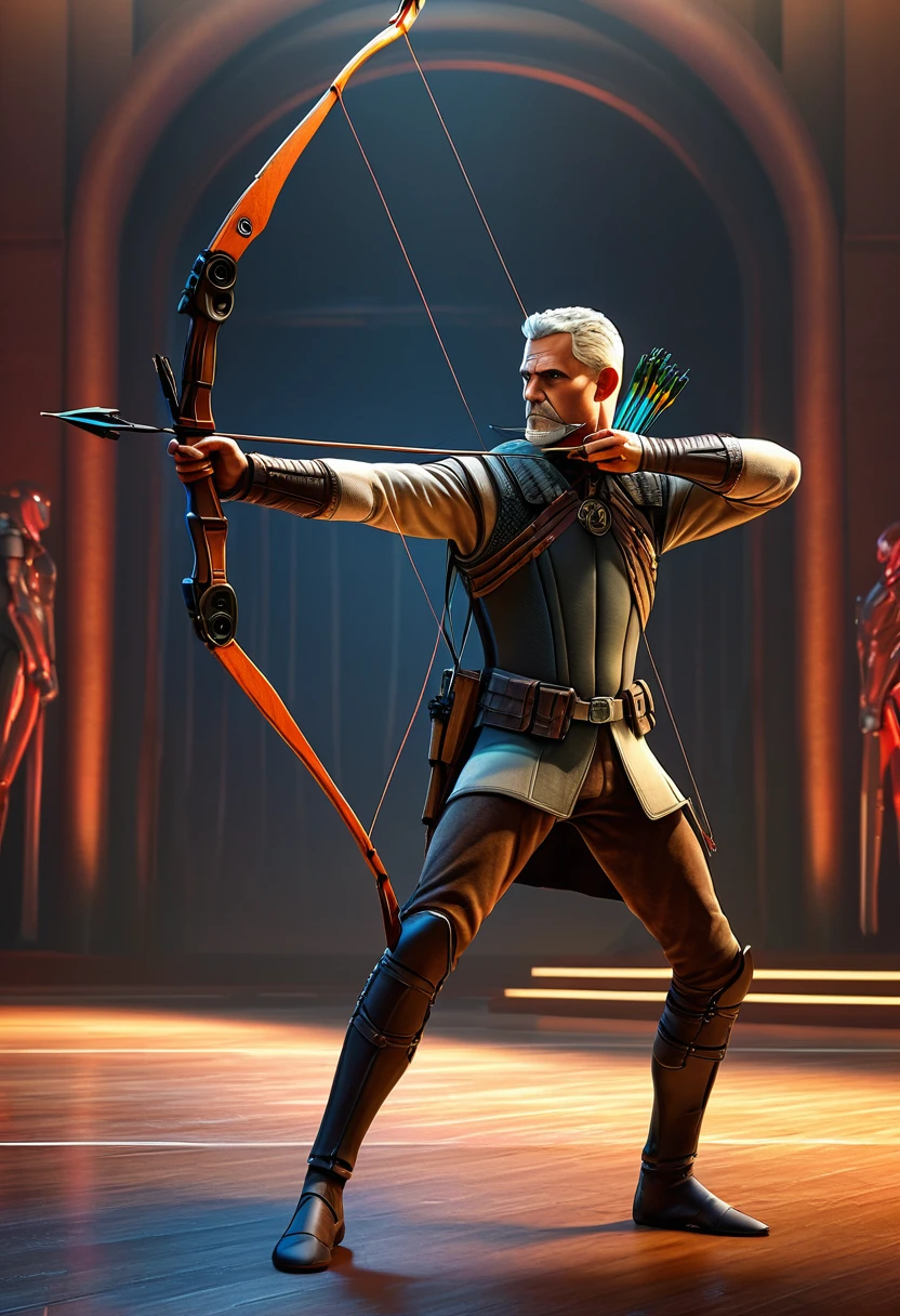Archer, bow and arrow, Archery pose, full body, by Ralph McQuarrie, dramatic composition, cinematic dynamic action scene, vibrant colors, cinematic lighting, dramatic lighting, best quality, masterpiece, very aesthetic, perfect composition, intricate details, ultra-detailed