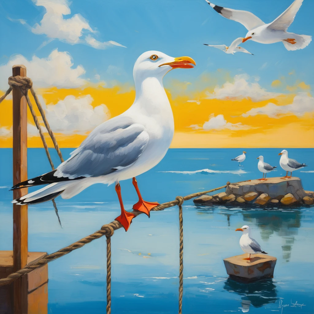 This is a whimsical, cartoon-style painting, potentially by an artist known for humorous and light-hearted works. The composition centers on a close-up of a curious seagull with exaggerated, expressive features and a comically large beak, dominating the right foreground. Three smaller seagulls perched on parallel ropes recede into the background, creating depth. The background is a bright, clear blue sky punctuated by simple, fluffy white clouds. The simplicity and playful nature of the painting, along with the bold, solid colors, contribute to a cheerful and amusing atmosphere.