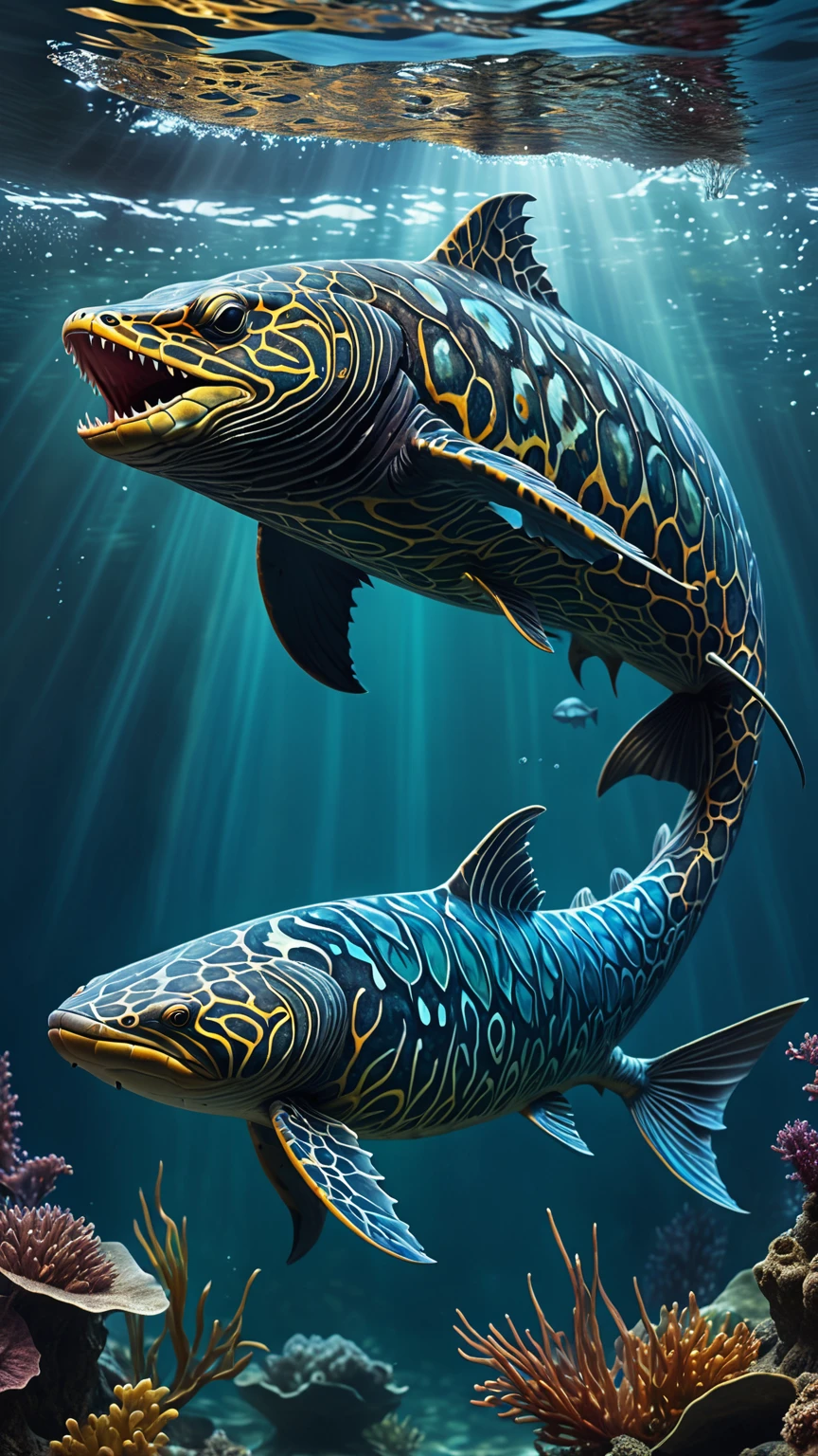 Panoramic view, Psychrolutes marcidus in the water, mysterious creature, Yu, (best quality, 4k, 8k, high-rise, masterpiece: 1.2), super detailed, (realistic, photo realistic, photo realistic: 1.37), highly detailed animals, complex patterns, real lighting, fantasy creatures