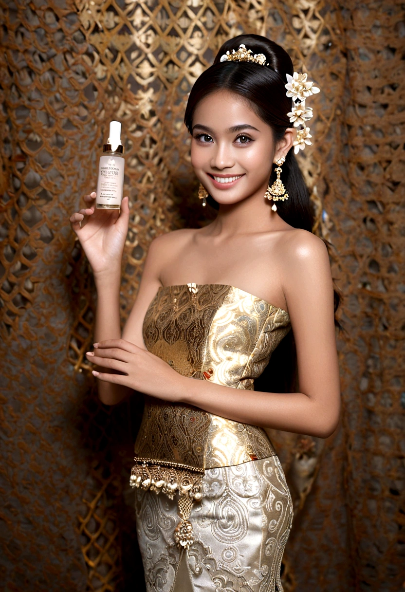 Ultra detailed hd 8k, (realistic photo:1.2), (masterpiece: 1.2),myth,argent,kebaya,Scroll,batik,sleeveless, treasure,universe, face the camera, smile, 19 year old girl, cute girl, beautiful girl, indonesian model, white healthy skin, delicate eyes, tied-up hair, ethnic earrings, full body photo, (sexy body:1.2), (slim waist:1.2), rim light,product photo shot, holding a small beauty serum, nsfw, nipples, gorgeous boobs, erotic pose, exposed breast.