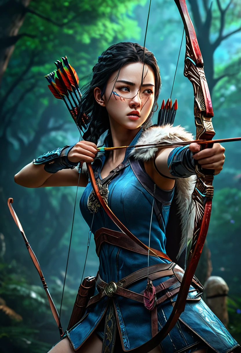 Archer, bow and arrow, Archery pose, full body, by zhang daqian and Gu_An and Lü_Ji and Zhang Jingna and wenjun lin, dramatic composition, cinematic dynamic action scene, vibrant colors, cinematic lighting, dramatic lighting, best quality, masterpiece, very aesthetic, perfect composition, intricate details, ultra-detailed