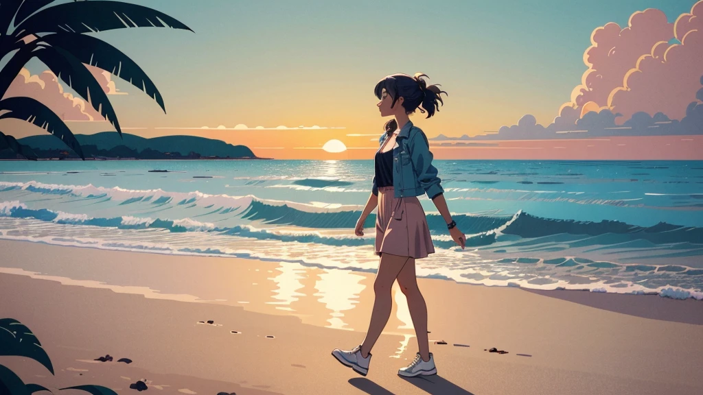 masterpiece, Highest quality, アニメ, Beautiful Asian Girl, K-Pop aesthetics and style, Sunset, 80s American hippie style, Along the Hawaiian Coast, Cute and dreamy,アニメ,Illustrator,LOFI Girl,Walking along the shore,Hawaii, foreign country,exotic,