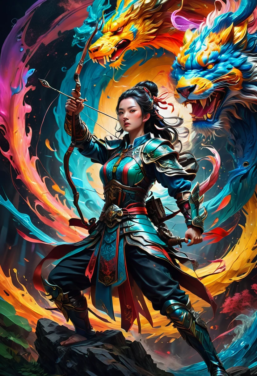 Archer, bow and arrow, Archery pose, full body, by Qi Baishi and Chen Longque and Chen Dingbo, dramatic composition, cinematic dynamic action scene, vibrant colors, cinematic lighting, dramatic lighting, best quality, masterpiece, very aesthetic, perfect composition, intricate details, ultra-detailed