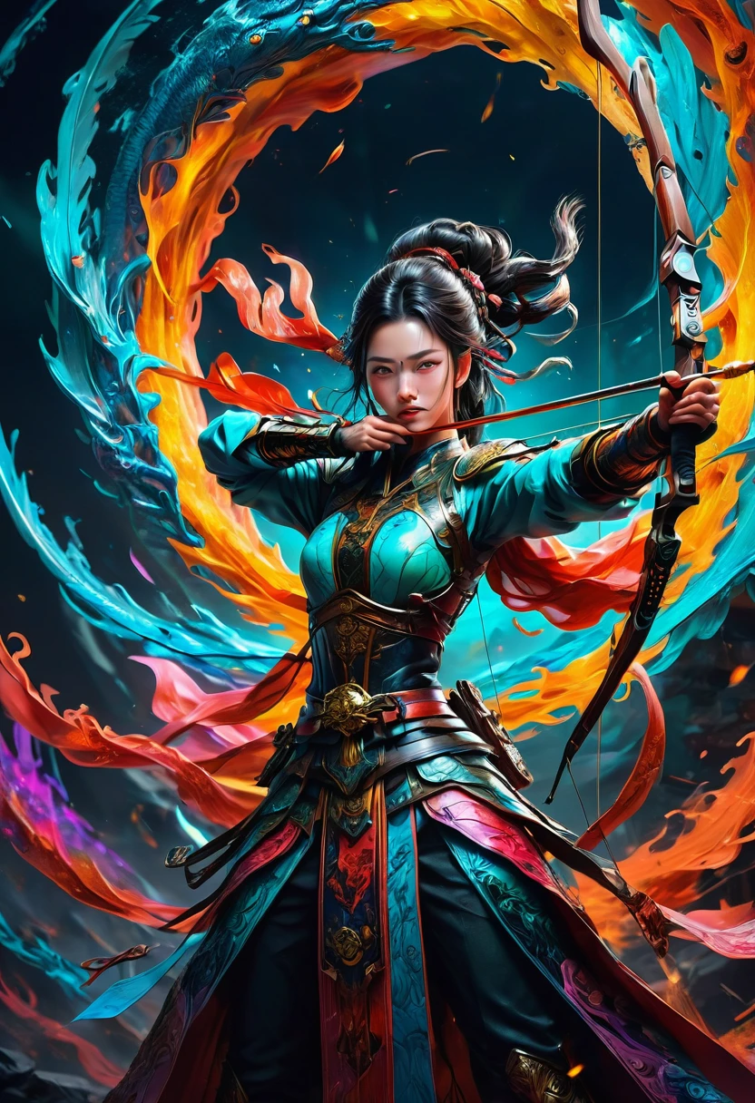 Archer, bow and arrow, Archery pose, full body, by Qi Baishi and Chen Longque and Chen Dingbo, dramatic composition, cinematic dynamic action scene, vibrant colors, cinematic lighting, dramatic lighting, best quality, masterpiece, very aesthetic, perfect composition, intricate details, ultra-detailed