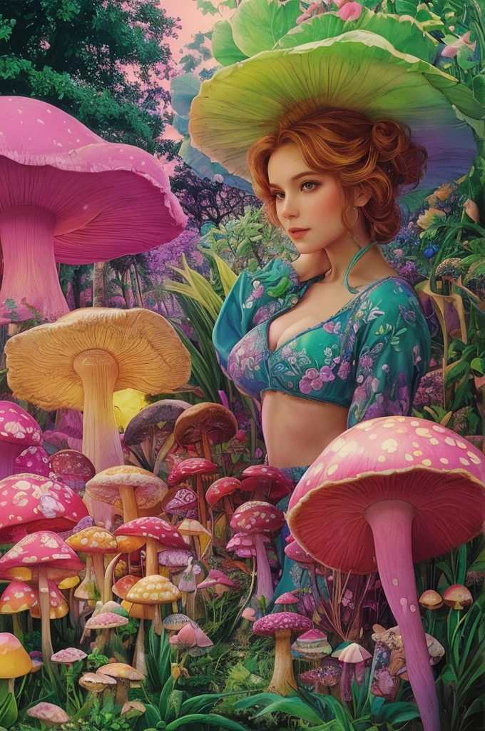 A beautiful woman in an enchanted garden, with colorful MUSHROOMS and soft neon-style glows. She looks serene and curiou 70s style, synthwave aesthetic