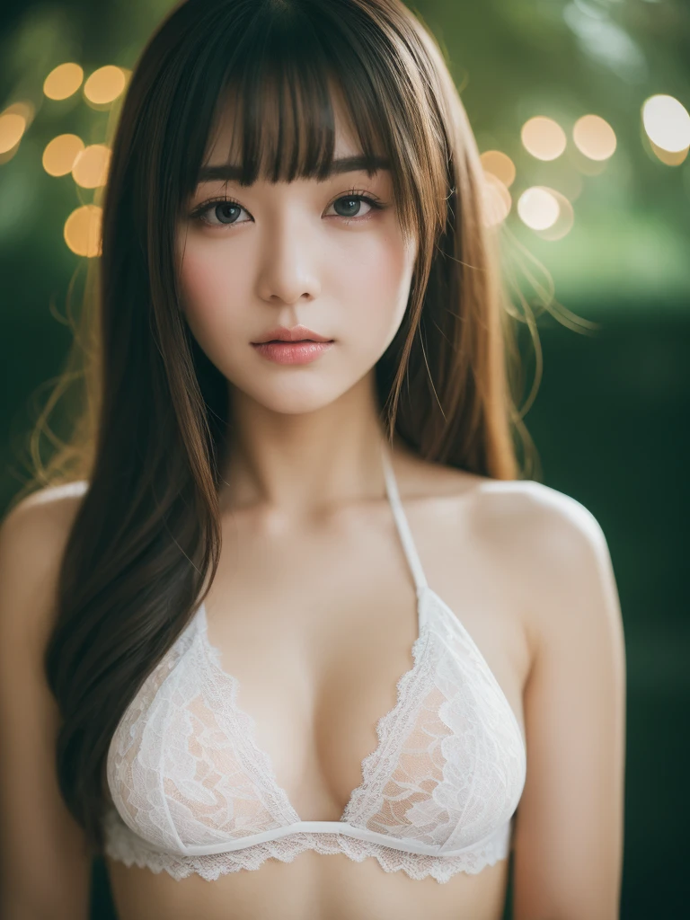 dreamy ambiance, ultrasharp, studio shoot、close up of face、(White Lace bikini:1.2), (large chest with increased tension:1.3), Focus on the chest、Enhanced body、realisitic、Photo Real、extremely detailed cute girl、17 age、japaneelancholy look, large full breasts、A dark-haired、Hair braids、thick bangs、Night, neons, Digital SLR, Looking at Viewer, natural, Candid, Sophisticated, zora々Right, Professional Lighting, Film grain, chromatic abberation, (Bokeh:1.1)