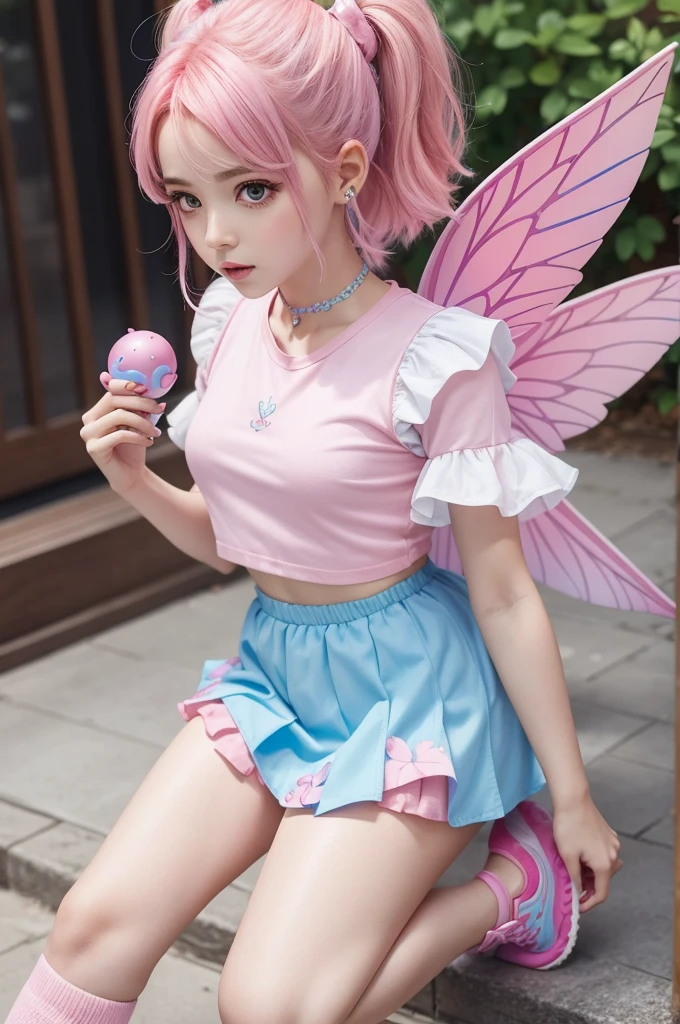 Make a fairy woman with pink hair, pink wings, blue blouse, pink skirt, blue sneakers with white and brown eyes (she is a toy remember)