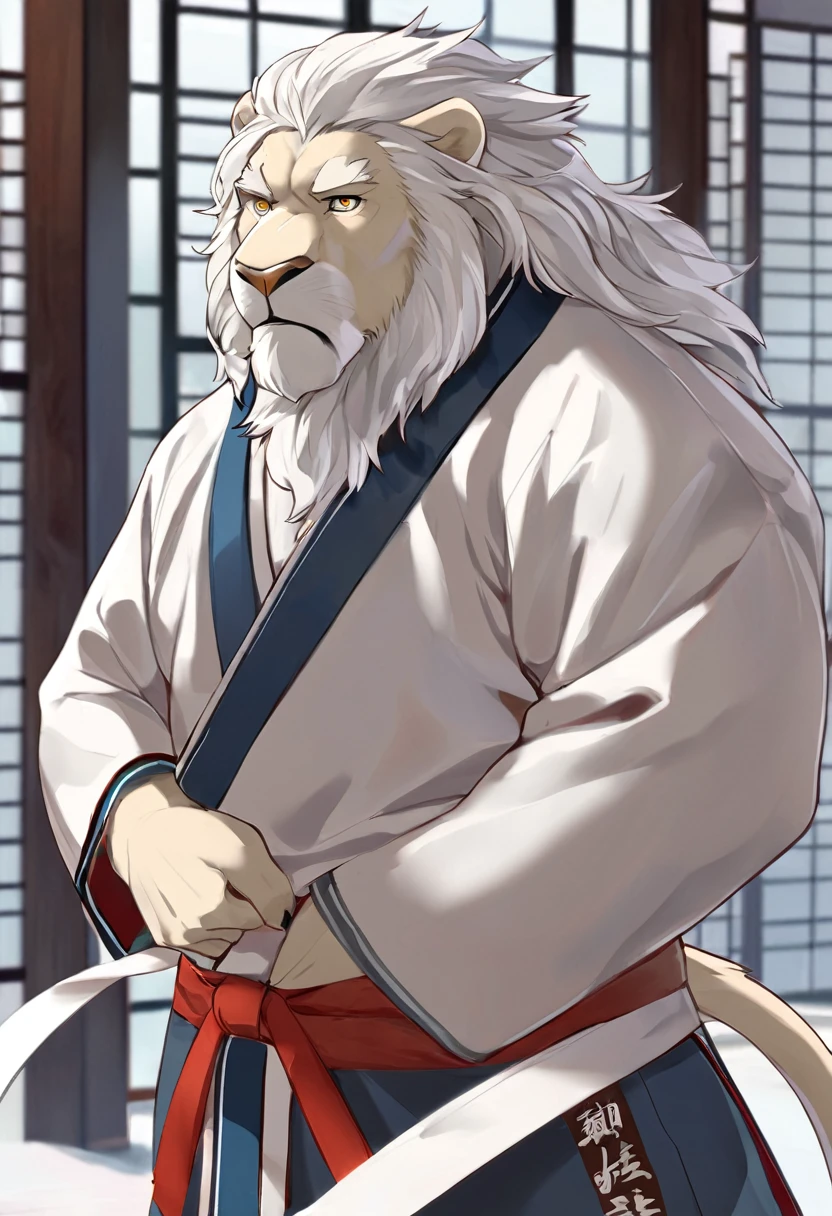 White lion，personification，Mature male，Strong Man，White hair，Cold expression，Golden pupils，Gray eyebrows，Hanfu，Hands in pockets，The Age of Martial Arts。