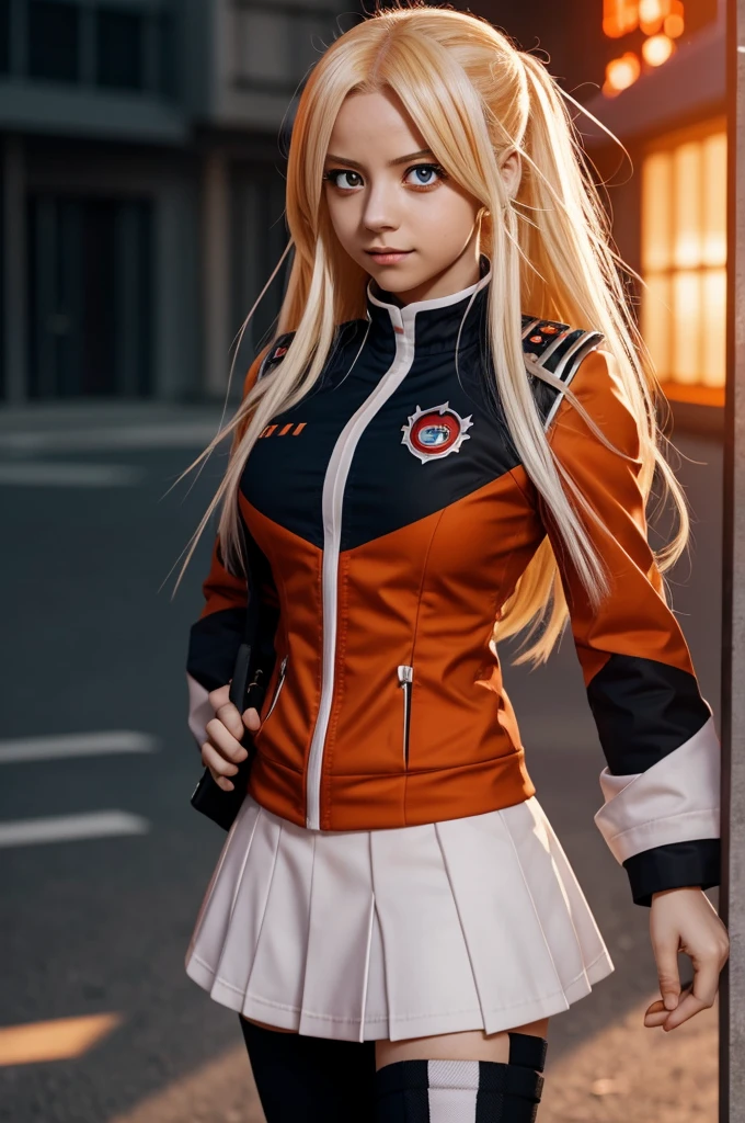 boku no hero academia template, girl with red eyes, long white hair with orange highlights, U.A uniform, boku no hero academia background, she is in love with bakugo