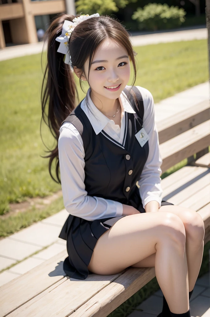 Pure Japanese school girl, sexual temptation, outstanding body, beautiful legs, ponytail, wearing uniform, panty, sweet smile, sitting on bench, refreshing in early summer park, composition from the front, 