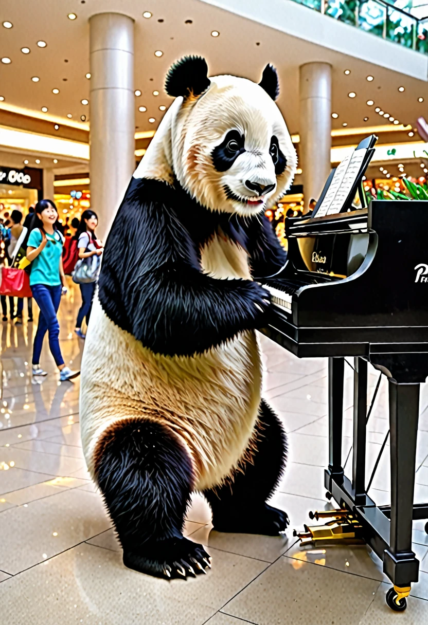 In a shopping mall,A cute giant panda is playing the piano,The surrounding area was full of people watching.,Panda's expression is cute