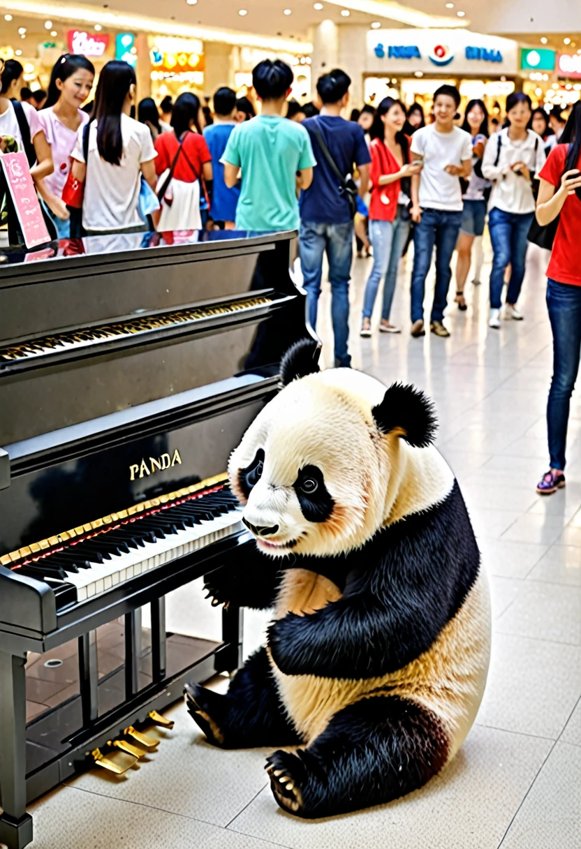 In a shopping mall,A cute giant panda is playing the piano,The surrounding area was full of people watching.,Panda's expression is cute