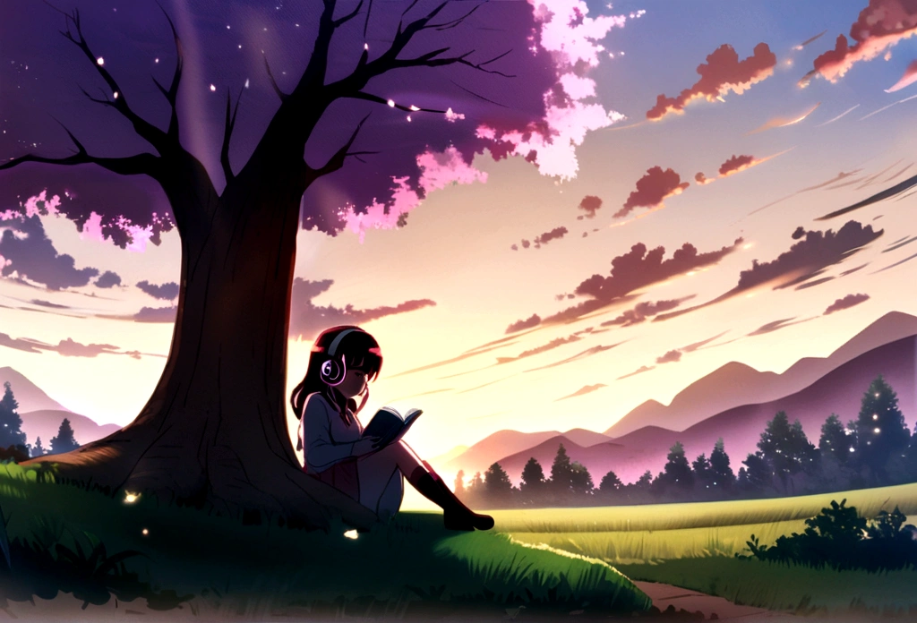 anime feelings,
view, sky, outdoor, no human, cloud, day,girl reading a book,under the tree,Put on the headphones.,