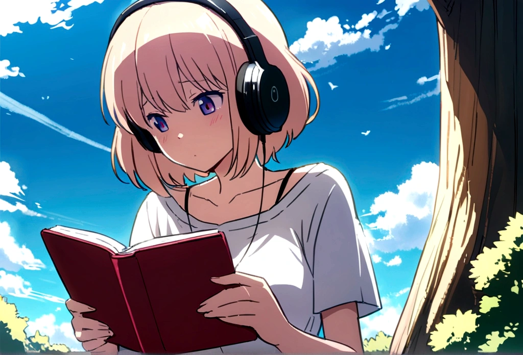 anime feelings,
view, sky, outdoor, no human, cloud, day,girl reading a book,under the tree,Put on the headphones.,