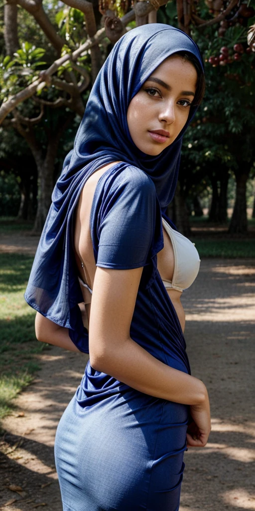 Aaliyah Alat, brunette, elegant royal blue hijab, expressive eyes, focus on eyes, neckline, sunny day, neckline, above view, in park, sexy pose, pale skin, tight clothes, royal blue dress, focus on neckline, in a grape plantation