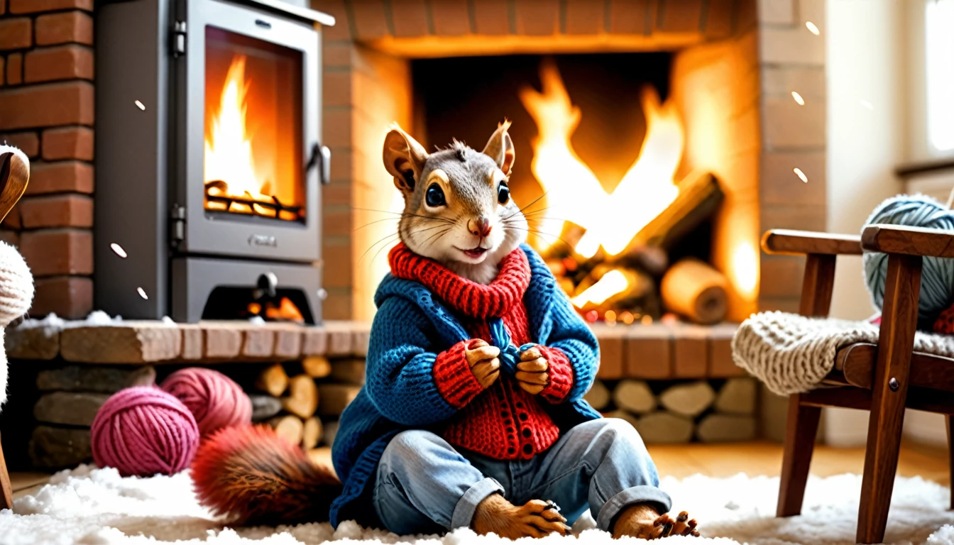 (photo film style), anthropomorphic, cute squirrel, knitting, by the fireplace, cozy living room, it's snowing outside, wearing casual clothes, 2D, colorful, warm atmosphere, shiny, Jean-Baptiste Monge style, Alan Lee style