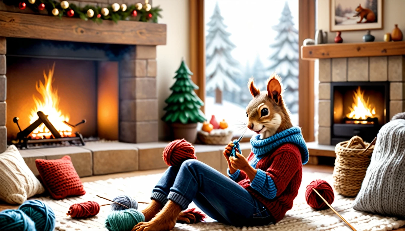(photo film style), anthropomorphic, cute squirrel, knitting, by the fireplace, cozy living room, it's snowing outside, wearing casual clothes, 2D, colorful, warm atmosphere, shiny, Jean-Baptiste Monge style, Alan Lee style