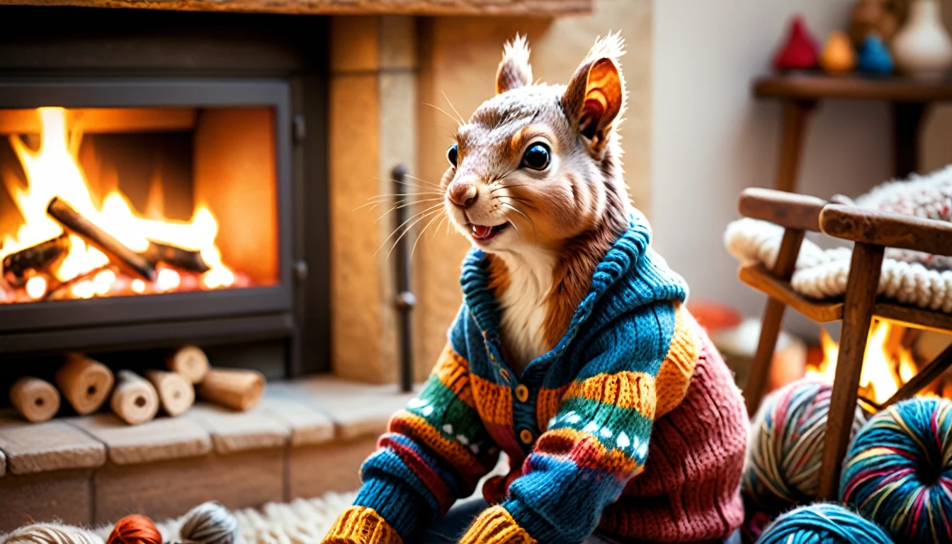 (photo film style), anthropomorphic, cute squirrel, knitting, by the fireplace, cozy living room, it's snowing outside, wearing casual clothes, 2D, colorful, warm atmosphere, shiny, Jean-Baptiste Monge style, Alan Lee style