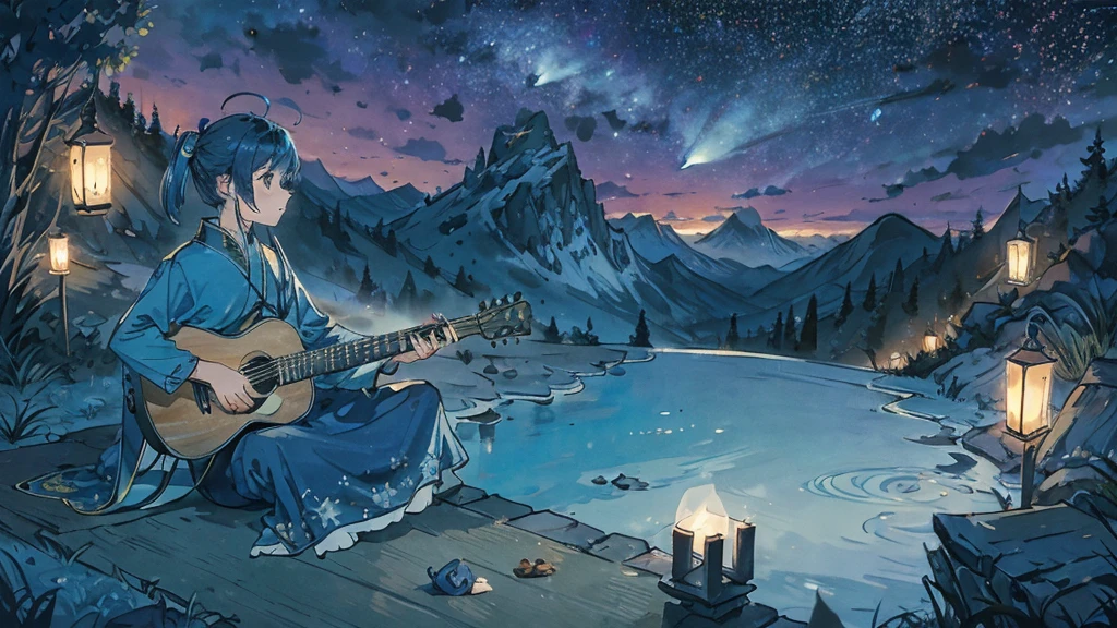 Late Night。Under the stars。On a hill far away、A small person is playing an acoustic guitar alone with his back to me。Blue little budgerigar。