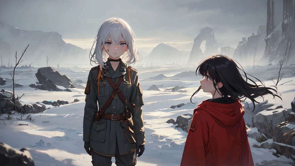 masterpiece:1.2), best quality , 独奏 ,pixiv, anime girl ，long straight white hair , black eyes ,Wearing off-white camouflage uniform ,ten years old，modern battlefield，(Eyes looking into the distance:1.3)，(look away:1.5)，snowy weather，dirty face，blood on forehead，dirty face，Backlight，Bare rocky peaks ,，The expression is sad，leave tears，When the war situation seems to be developing for the better,，A girl wakes up from her deep sleep，She doesn&#39;t understand her own life、Not sure about the power in the body，As pure as white paper。At the same time, another soul is sleeping inside the girl&#39;s body.，