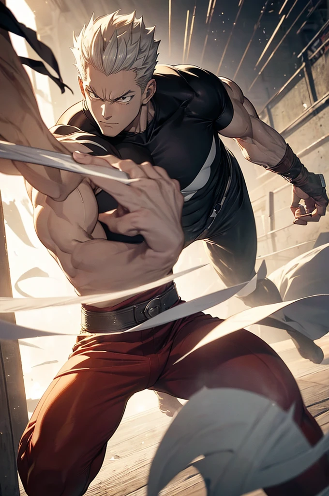 Garou is a character from "One Punch Man" known as the "hero hunter". Exalument of maestro Bang, rebels against the Heroes Association. physically, Garou is muscular, Athletic build, with silver hair combed in spikes back. He usually wears a tight dark t-shirt and light pants.. Garou has keen intuition in combat, Exceptional martial arts skills and an ability to adapt that make him a formidable opponent for any hero.