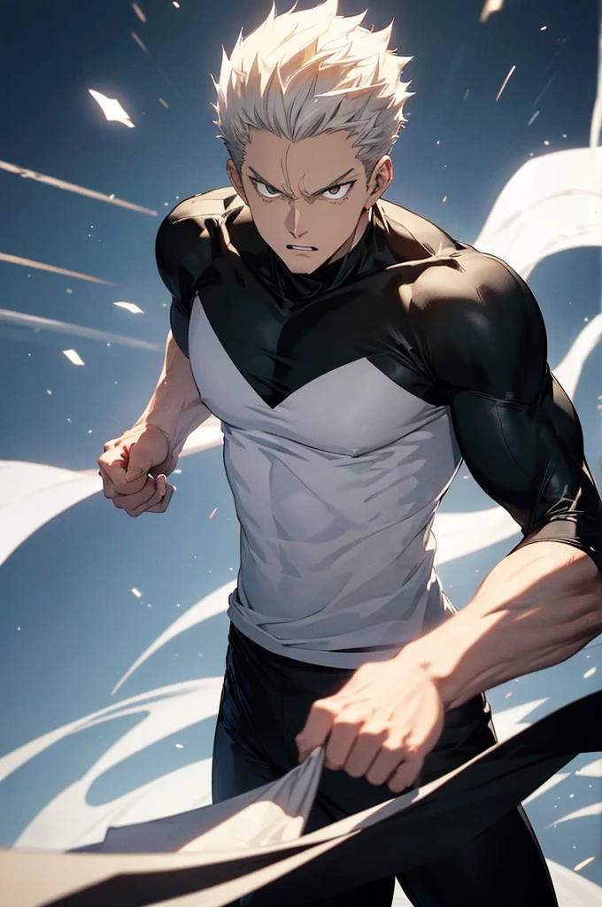 Garou is a character from "One Punch Man" known as the "hero hunter". Exalument of maestro Bang, rebels against the Heroes Association. physically, Garou is muscular, Athletic build, with silver hair combed in spikes back. He usually wears a tight dark t-shirt and light pants.. Garou has keen intuition in combat, Exceptional martial arts skills and an ability to adapt that make him a formidable opponent for any hero.
