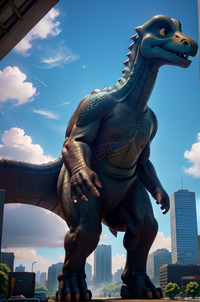 a giant dinosaur, city background, high detailed dinosaur, realistic dinosaur, hyperrealistic dinosaur, massive dinosaur, towering dinosaur, rampaging dinosaur, urban cityscape, futuristic city, skyscrapers, modern architecture, detailed cityscape, intricate city details, cinematic lighting, dramatic lighting, deep shadows, vibrant colors, photorealistic, 8k, high resolution, masterpiece, ultra-detailed, professional 3d render