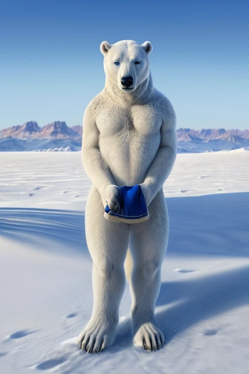 ((A humanoid white polar bear with abnormal musculature, very robust, blue eyes is standing looking up looking at the sky and uses some animal hides as clothing)), frozen ground and desert scenery, no trees there are no plants on this planet. Low left photography angle
