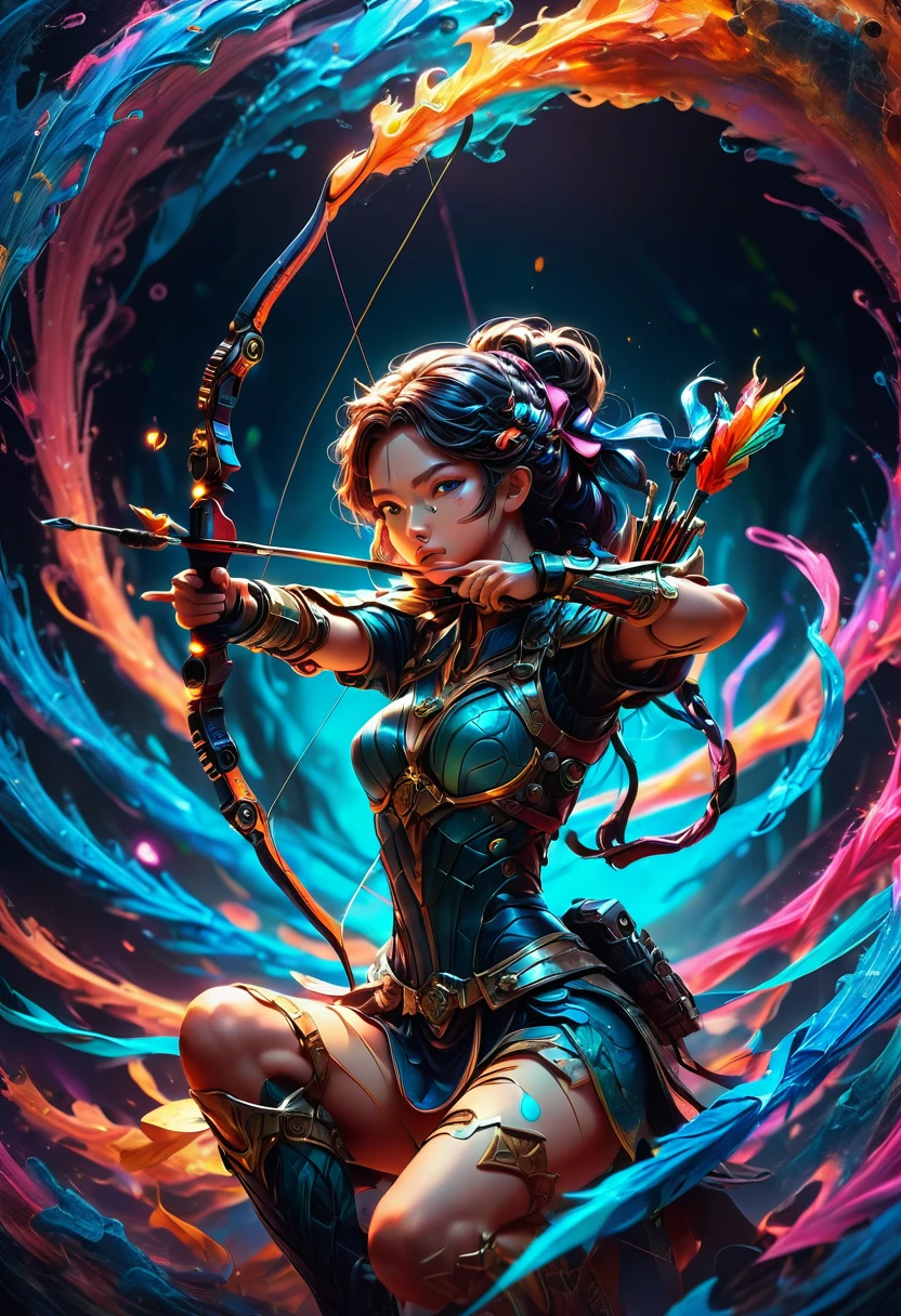 Archer, bow and arrow, Archery pose, full body, by Satoshi Kon, dramatic composition, cinematic dynamic action scene, vibrant colors, cinematic lighting, dramatic lighting, best quality, masterpiece, very aesthetic, perfect composition, intricate details, ultra-detailed