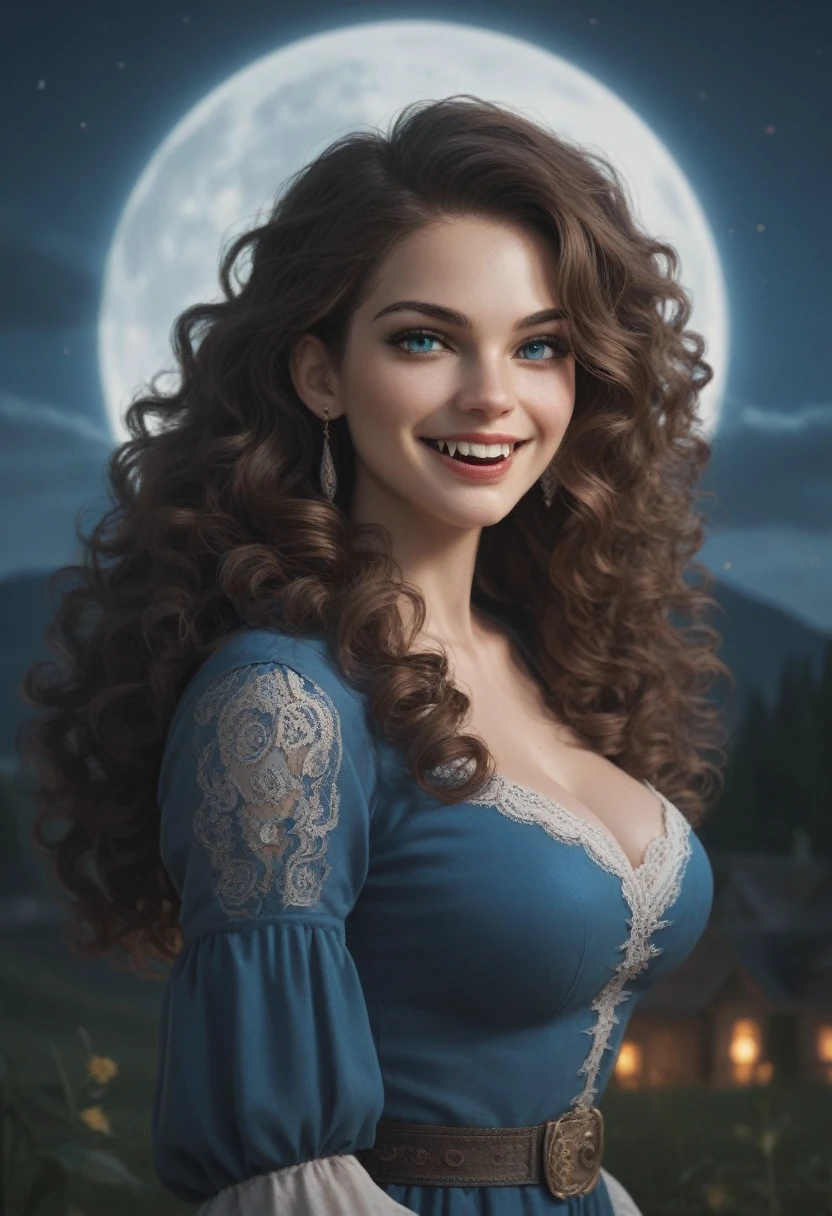 score_9, score_8_up, score_7_up, score_6_up, rating:safe, 1girl, solo, black_hair, wavy_hair, jewelry, dress, blue_eyes, earrings, long_hair, looking_at_viewer, curly_hair, upper_body, lips, lace, blue_dress, (night:1.3), cxqz8r, medieval_dress, medieval_landscape, fullmoon, rpg, evil_smile, vampire, (fangs:1.4), narrow_waist, skinny