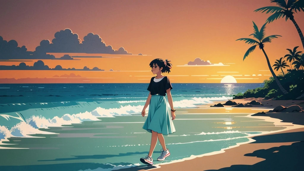 masterpiece, Highest quality, アニメ, Beautiful Asian Girl, K-Pop aesthetics and style, Sunset, 80s American hippie style, Along the Hawaiian Coast, Cute and dreamy,アニメ,Illustrator,LOFI Girl,Walking along the shore,Hawaii, foreign country,exotic,Local girl,lofi