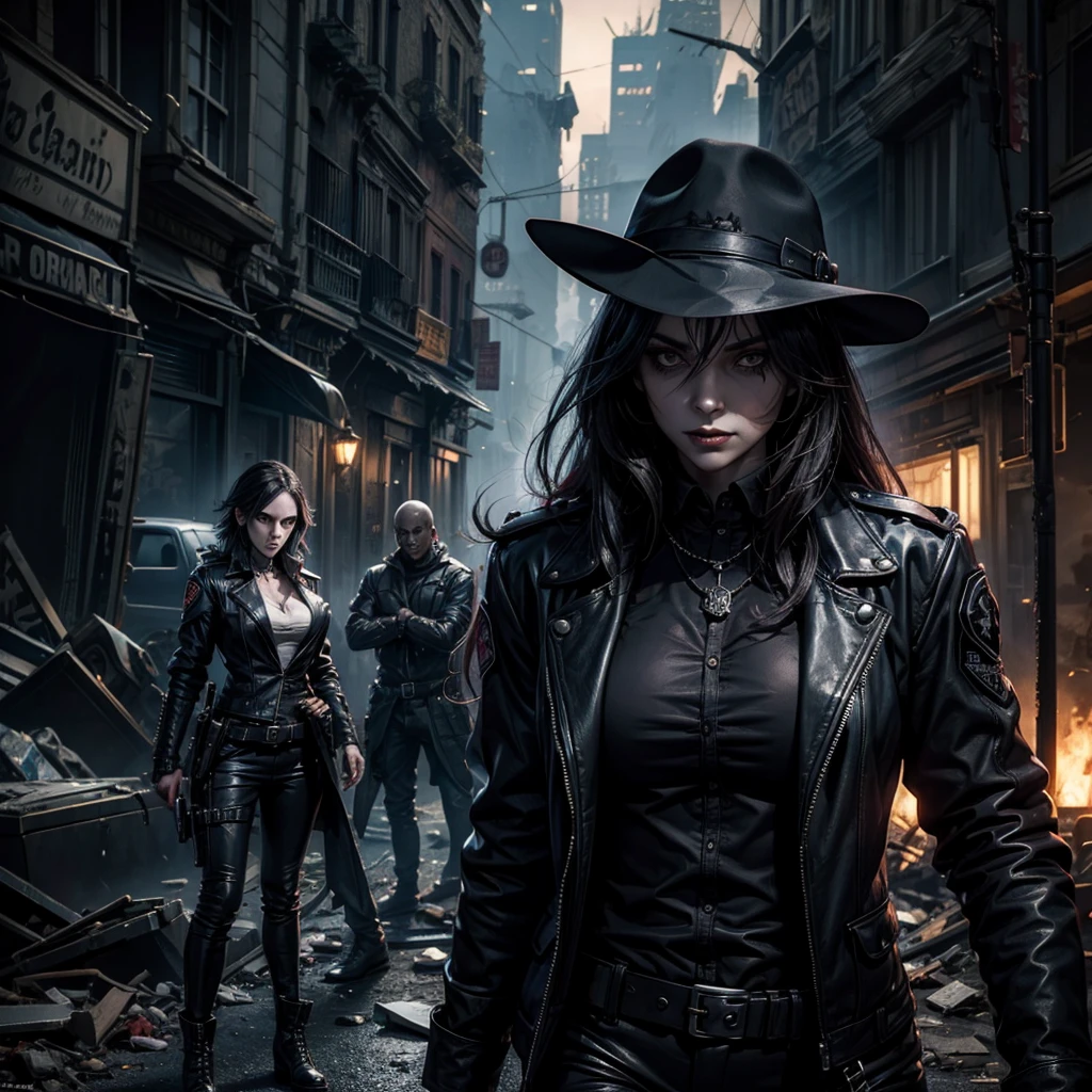 A dark female vampire policewoman who arrests an undead thief in a street of a semi-destroyed city, we can glimpse some rubble with some skulls and pieces of buses