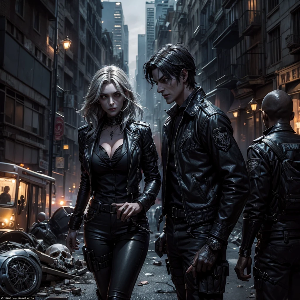 A dark female vampire policewoman who arrests an undead thief in a street of a semi-destroyed city, we can glimpse some rubble with some skulls and pieces of buses
