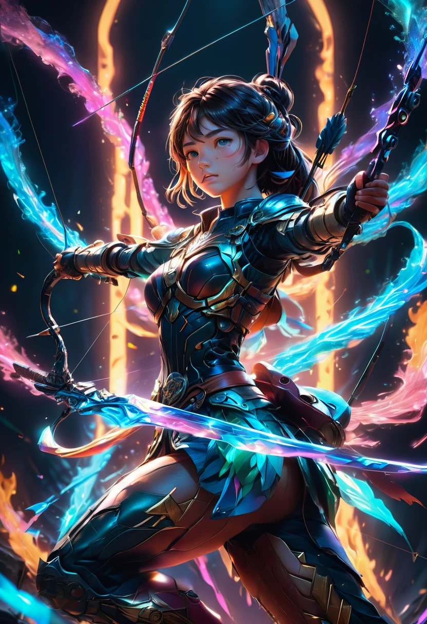 Archer, bow and arrow, Archery pose, full body, by Makoto Shinkai and Makoto Niitsu, dramatic composition, cinematic dynamic action scene, vibrant colors, cinematic lighting, dramatic lighting, best quality, masterpiece, very aesthetic, perfect composition, intricate details, ultra-detailed