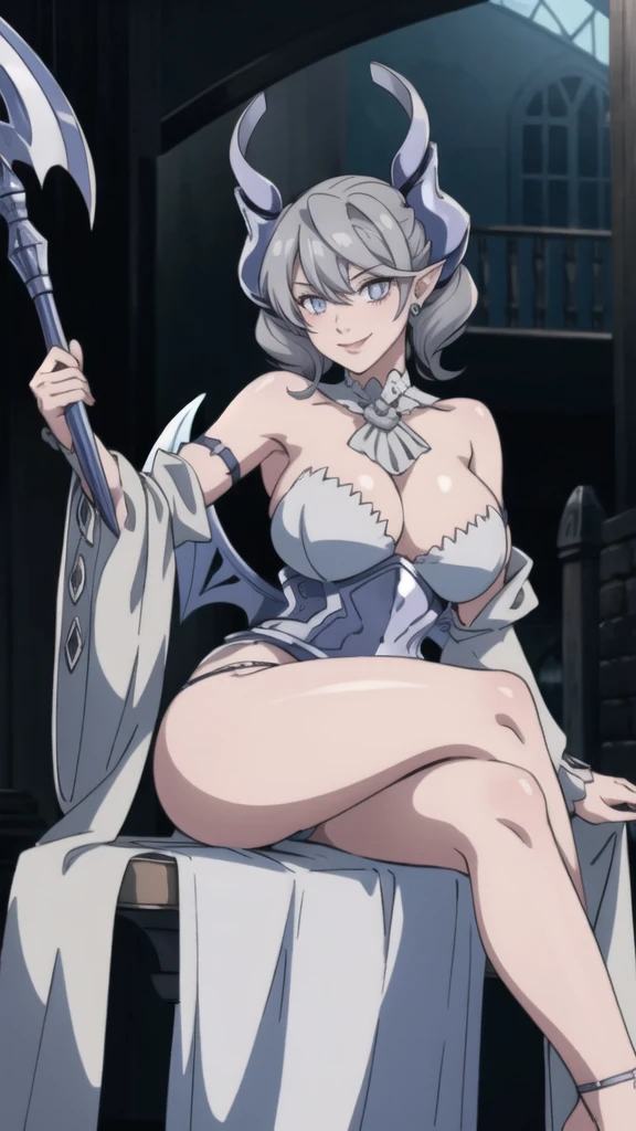  Outside castle top  High level image quality　best image quality　8K　 adult woman   silver castle outside  more colors   whole body view　portrait　 bikini   　horn    ears  　short hair（（shortcut）（gray hair）（perm）（fluffy））　eye color is blue ,  , 　attractive evil face , smile   ,  sexy pose   ,  labrynth ,  barearm    , wearing pink , wings    , sitting on chair ,holding her weapon  , crossed legs, view heels   , view side