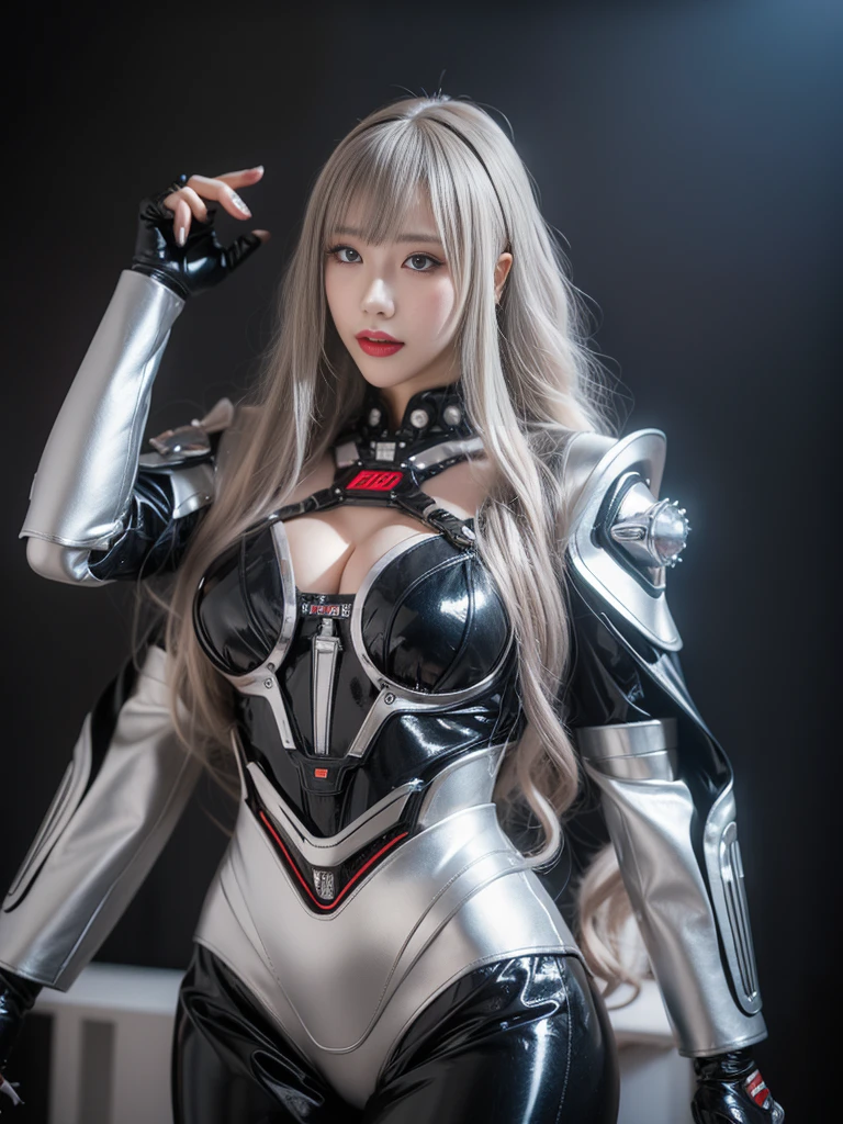 Super Detail, High Detail, high quality, best quality, High resolution，1 female robot，Beautiful female robot,beautiful clear face(Rain waves_haneame：1.5)， Realistic, High resolution, Soft Light,Hips up, (Detailed face), silver hair, long hair, Mecha Maiden, Colorful mechanical parts, mechanical joint, Thick mechanical armor, , All metal body, Technology Antenna Hair Accessories