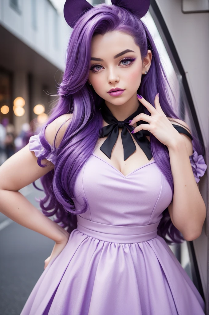 Create a fun Disney pixel character all lilac with dark purple hair and big pink nails
