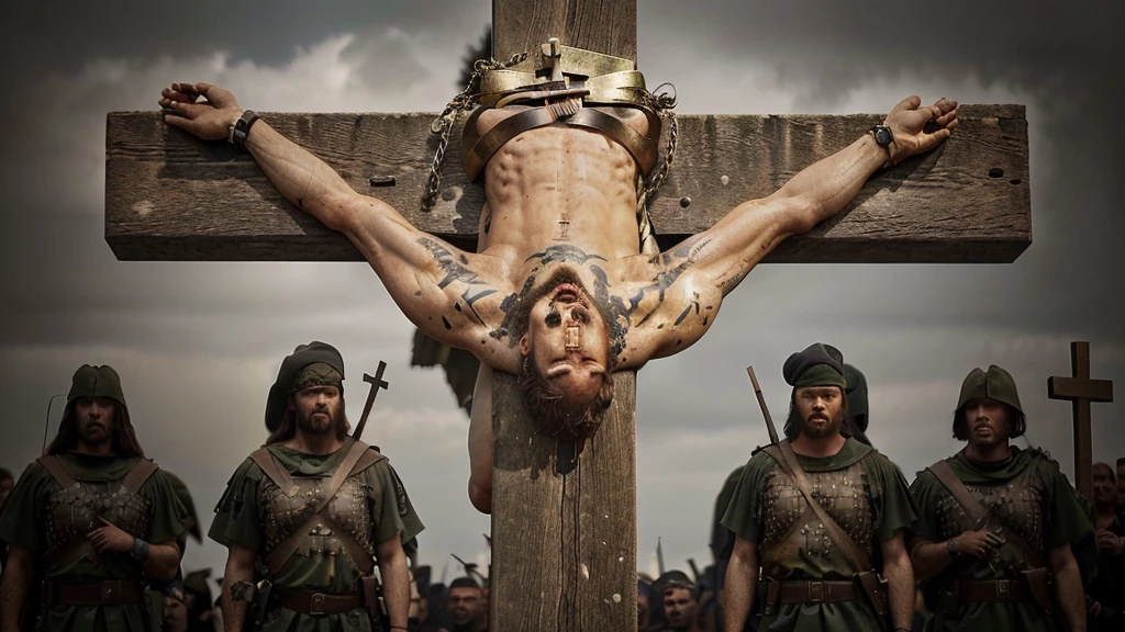 man chained to a cross with soldiers around him, Jesus na Cruz, Crucifixoion, Crucifixoion of conor mcgregor, Jesus na Cruz, JesusChrist on the cross, Crucifixo, por Artur Tarnowski, martyrdom, JesusChrist, still from a live action film, foto perfil, unbroken, by Fabien Charuau