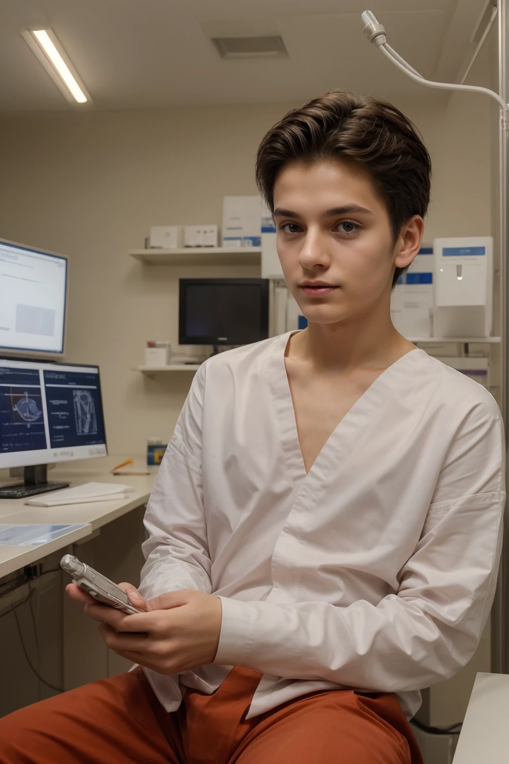 A beautiful young man, a cute male twink, with black hair, wearing a long-sleeved, white shirt and jeans. He is in the surgical operating room, and behind him are surgical medical instruments, devices, and medical smart screens inscribed with nerve cells, rings, etc., and he looks on proudly, with a face with reddish makeup. He is sitting at a luxurious desk