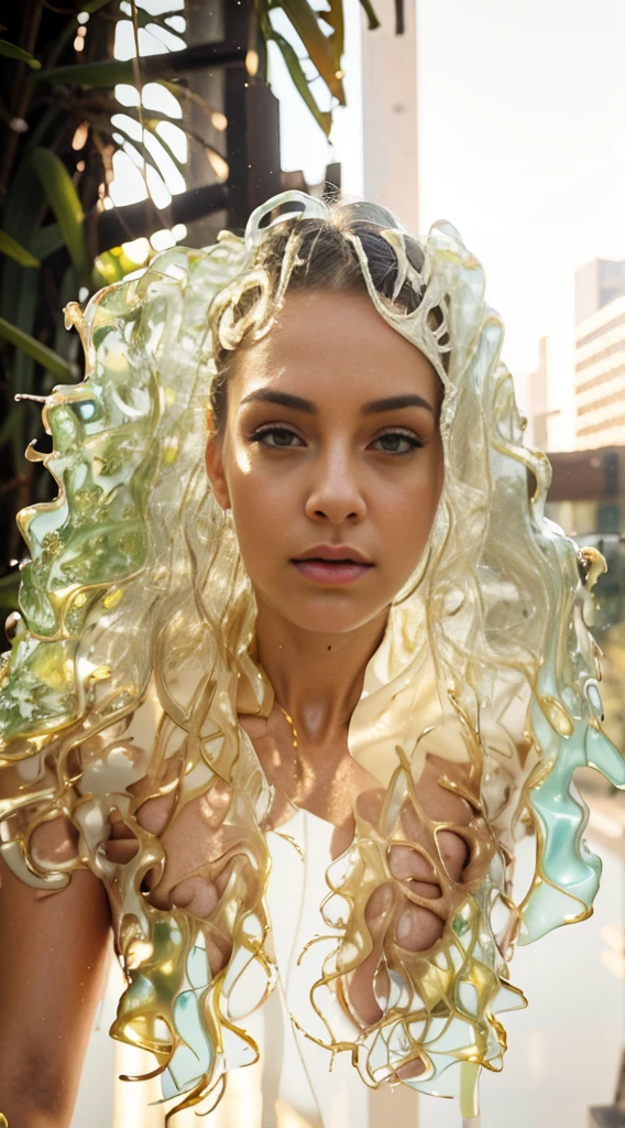 Woman naked in Vitreous transparent gel coat, Highly Detailed Face and Skin Texture, ((white skin)) big green eyes, slim face, juicy lips, bimbo lips, ((big bimbo puffy breast)), Small nipples, piercing in nipples, ((very curly Black hair)), twin long braids, pale skin, Detailed Eyes, Double Eyelids, cyberpunk gold metal jewelry BDSM, gold metal cyberpunk tapes on body, metal Collar, gold body jewelry, naked, jewelry between her legs, ((wide hips)), wet skin, she is naked, She od wet, transparent substance liquid on her body,Masterpiece,(((Vitreous transparent gel coat))) ((liquid gel coat)),In the jungle ,(pantyless),Photorealistic, high resolution, Detailed, Sharp focus, topless, large breasts, ((naked pussy)), Perfect nipples White skin, she is in Wilde dark jungle with big trees. masterpiece