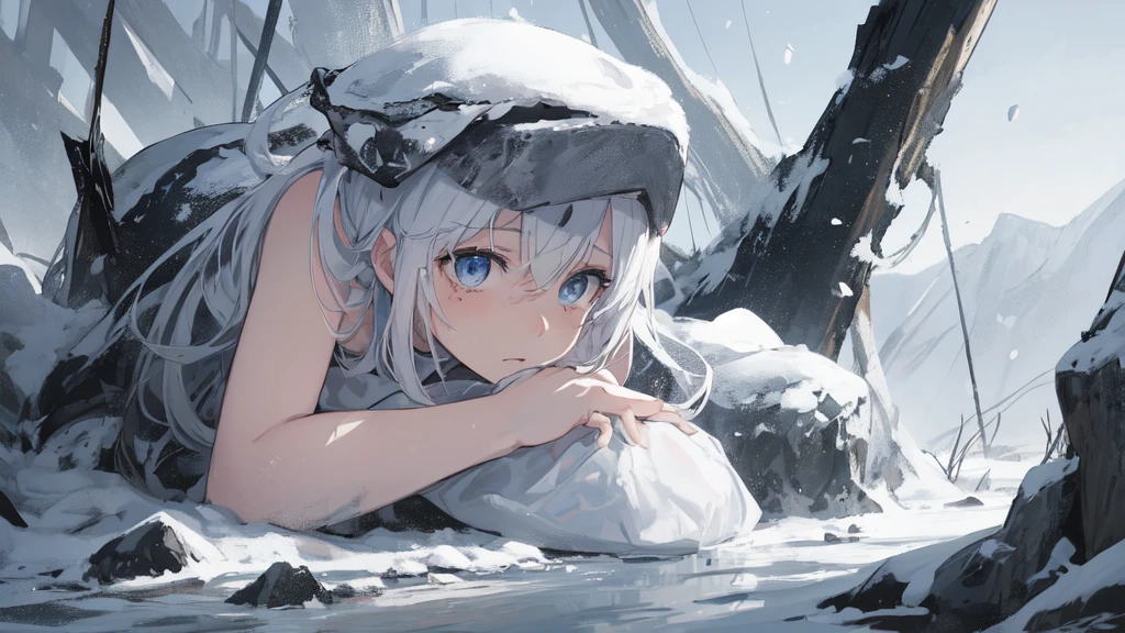 masterpiece:1.2), best quality , 独奏 ,pixiv, anime girl ，long straight white hair , black eyes ,Wearing off-white camouflage uniform ,ten years old，modern battlefield，(Eyes looking into the distance:1.3)，(look away:1.5)，snowy weather，dirty face，blood on forehead，dirty face，Backlight，Bare rocky peaks ,，The expression is sad，leave tears，When the war situation seems to be developing for the better,，A girl wakes up from her deep sleep，She doesn&#39;t understand her own life、Not sure about the power in the body，As pure as white paper。At the same time, another soul is sleeping inside the girl&#39;s body.，