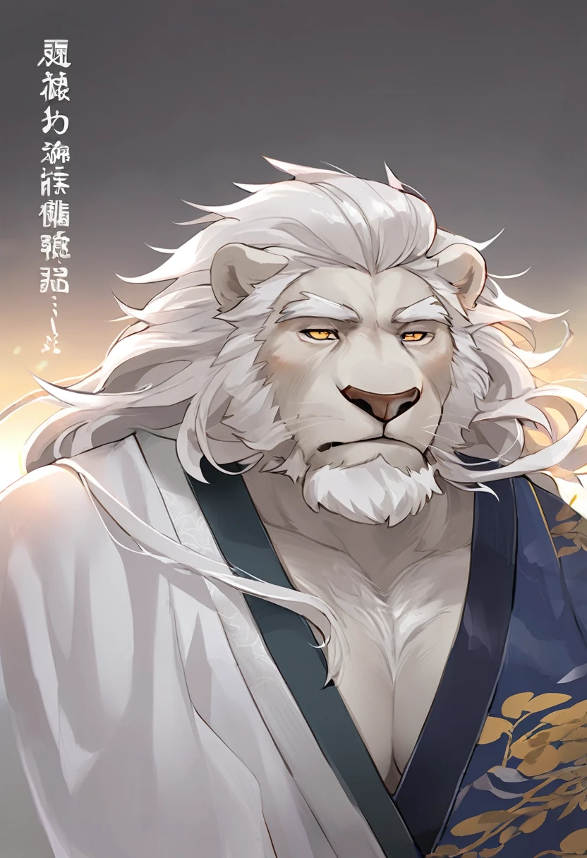 White lion,personification,Mature male,Strong Man,White hair,Cold expression,Golden pupils,Gray eyebrows,Hanfu。