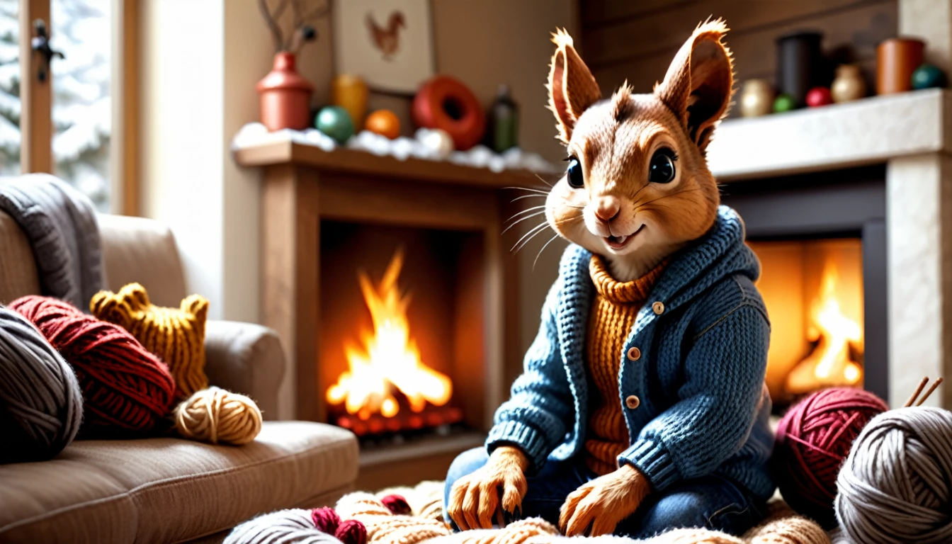 (photo film style), anthropomorphic, cute squirrel, knitting, by the fireplace, cozy living room, it's snowing outside, wearing casual clothes, 2D, colorful, warm atmosphere, shiny, Jean-Baptiste Monge style, Alan Lee style
