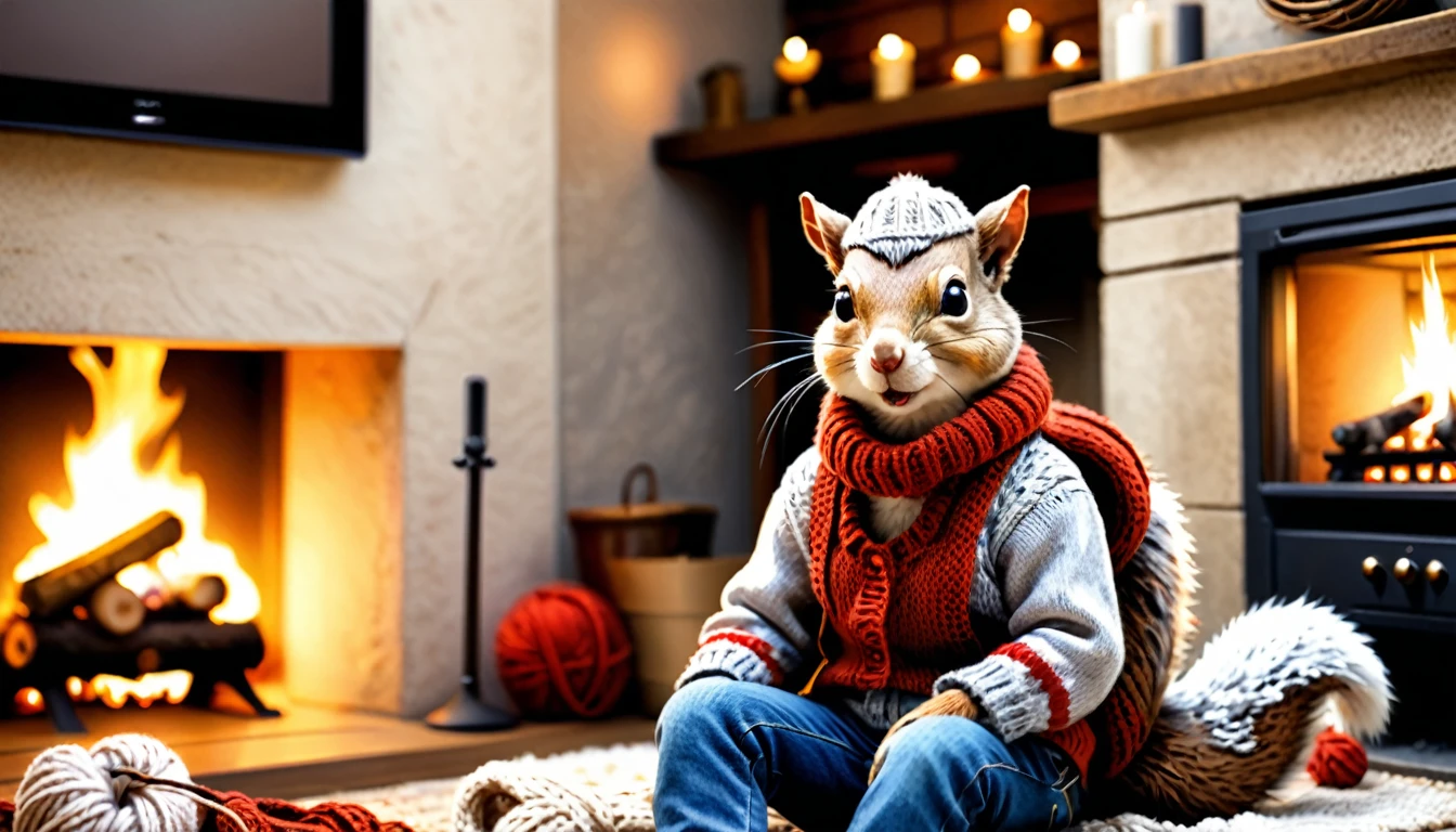 (photo film style), anthropomorphic, cute squirrel, knitting, by the fireplace, cozy living room, it's snowing outside, wearing casual clothes, 2D, colorful, warm atmosphere, shiny, Jean-Baptiste Monge style, Alan Lee style