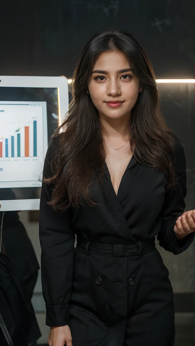 A beautiful, youthful, energetic Asian woman in her 25s, Ms Lyna, a successful digital marketing manager, wearing a stylish, colorful dress, standing confidently on a stage at a marketing event, looking directly at the camera with a warm smile, her long black hair flowing gracefully, surrounded by digital marketing icons and graphs on the backdrop, interacting enthusiastically with the audience, 8K resolution, highly detailed, cinematic lighting, photorealistic