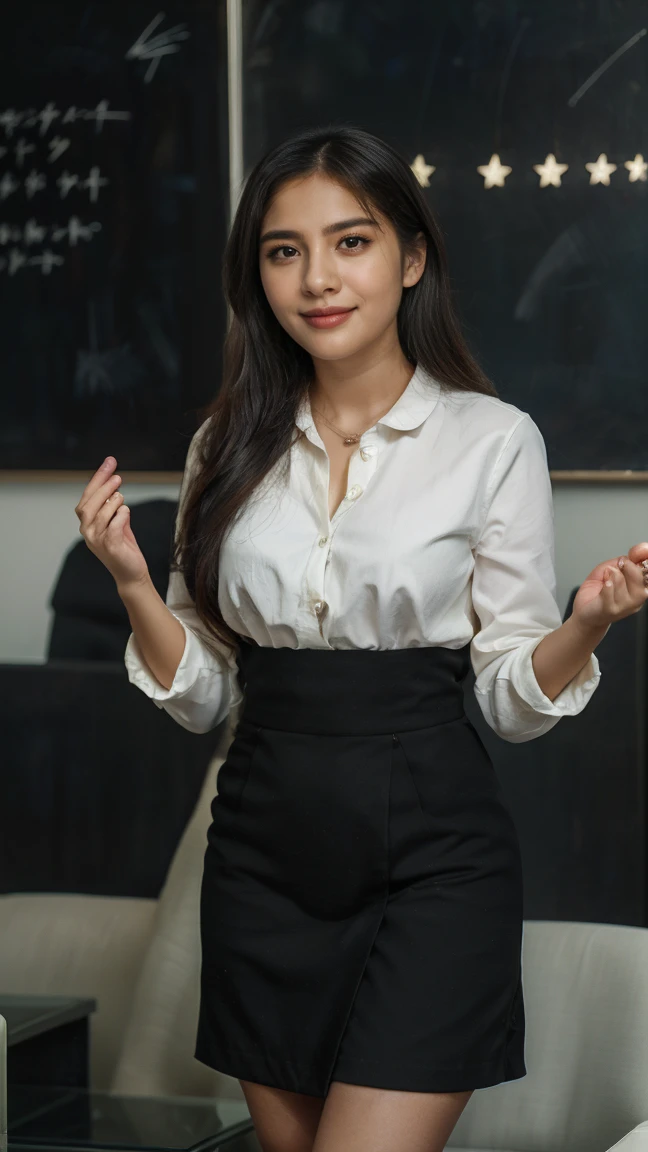 A beautiful, youthful, energetic Asian woman in her 25s, Ms Lyna, a successful digital marketing manager, wearing a stylish, colorful dress, standing confidently on a stage at a marketing event, looking directly at the camera with a warm smile, her long black hair flowing gracefully, surrounded by digital marketing icons and graphs on the backdrop, interacting enthusiastically with the audience, 8K resolution, highly detailed, cinematic lighting, photorealistic