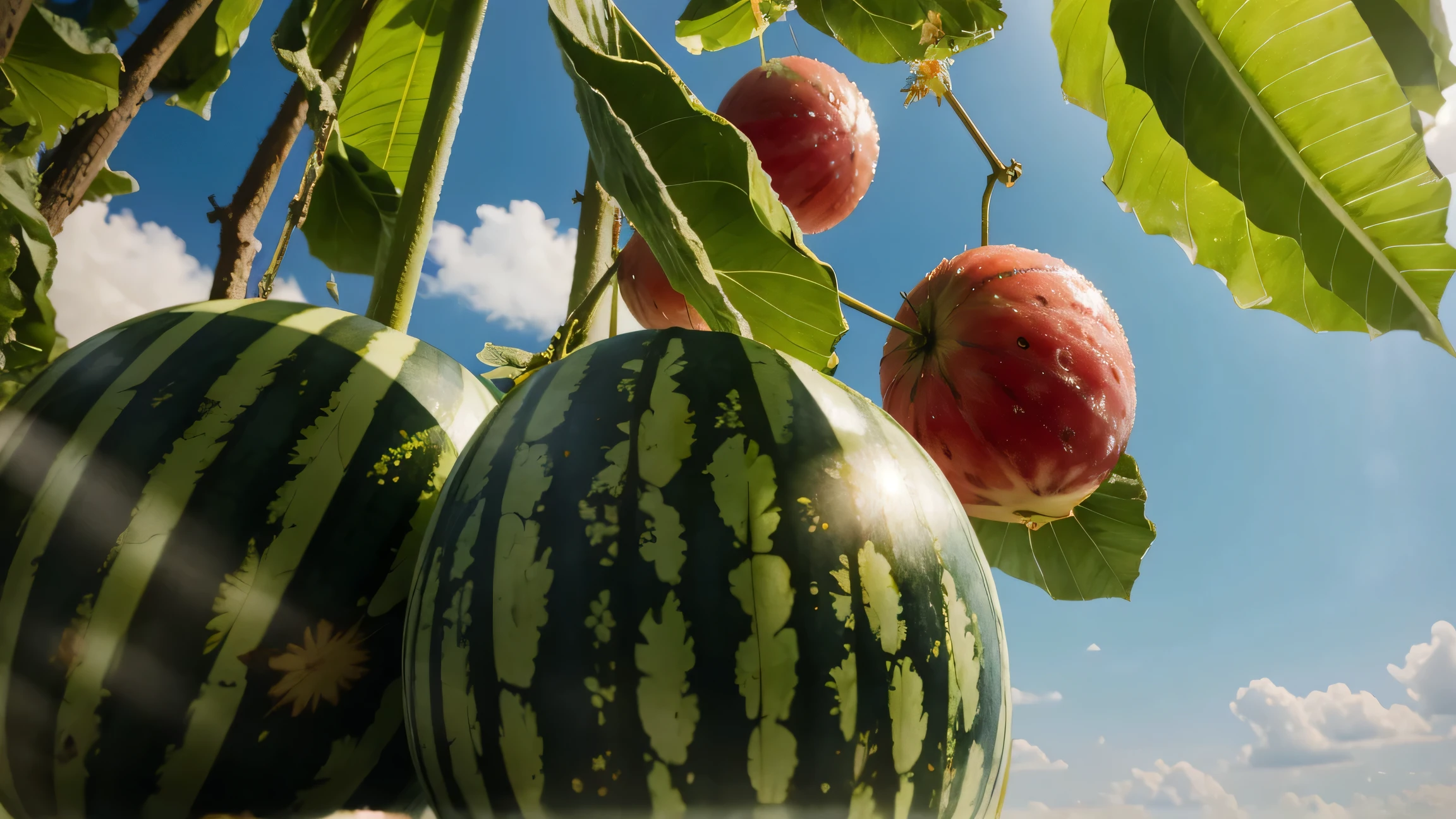 Watermelonin the sky, a refreshing summer treat. watermelon, fruit, food, no_humans, food_focus, blurry, realistic, still_life, blurry_background, depth_of_field