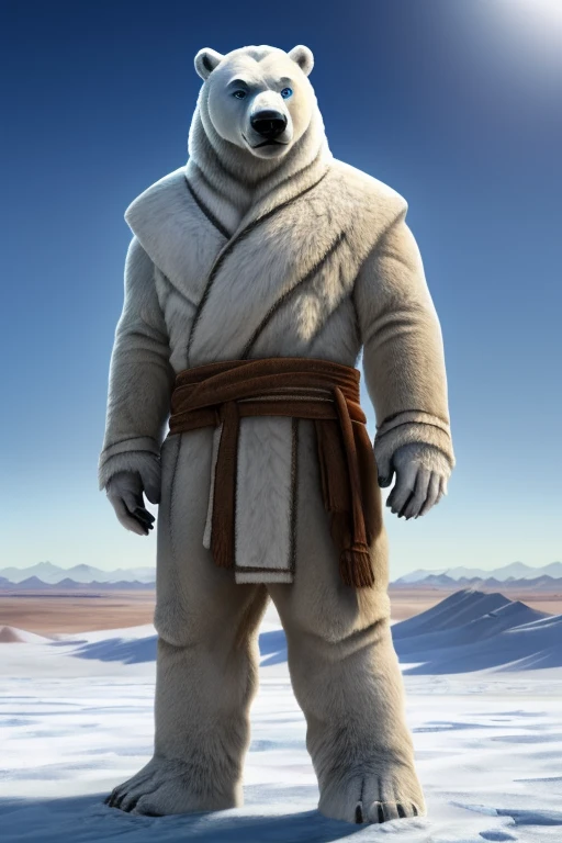 ((A humanoid white polar bear with abnormal musculature, very robust, blue eyes is standing looking up looking at the sky and uses some animal hides as clothing)), frozen ground and desert scenery, no trees there are no plants on this planet. Low left photography angle 