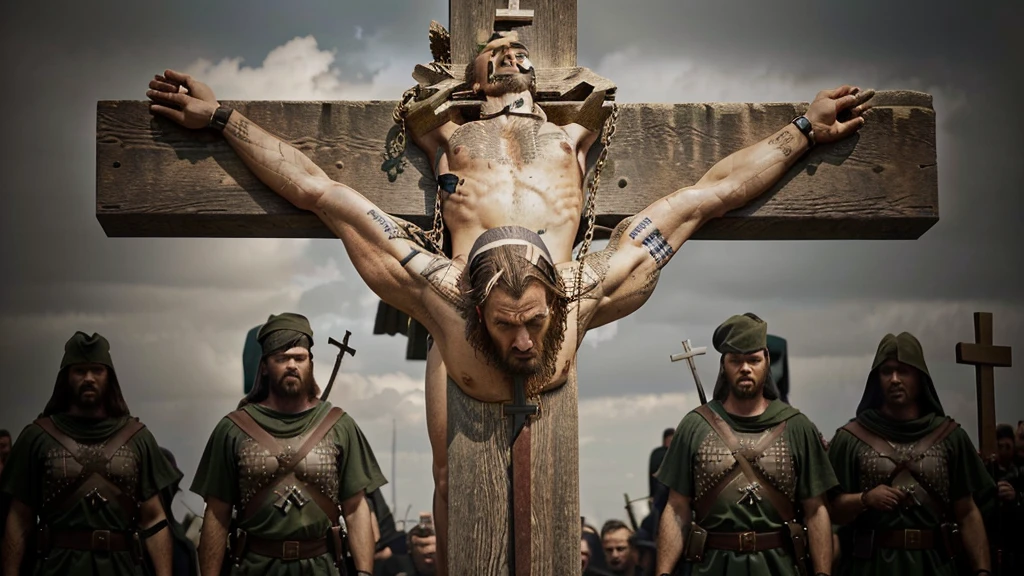 man chained to a cross with soldiers around him, Jesus na Cruz, Crucifixoion, Crucifixoion of conor mcgregor, Jesus na Cruz, JesusChrist on the cross, Crucifixo, por Artur Tarnowski, martyrdom, JesusChrist, still from a live action film, foto perfil, unbroken, by Fabien Charuau