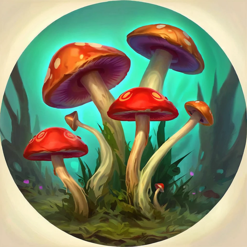 Create an icon depicting toxic mushrooms growing on the body of the target. The mushrooms should appear ominous and hazardous, protruding from various parts of the target's body, um icone só